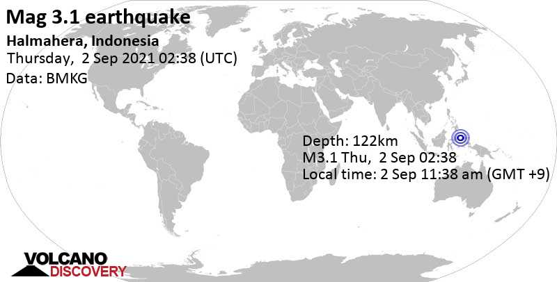 Незначительное землетрясение маг. 3.1 - Молуккское море, 65 km к западу от Tobelo, Индонезия, Четверг,  2 сен 2021 11:38 (GMT +9)