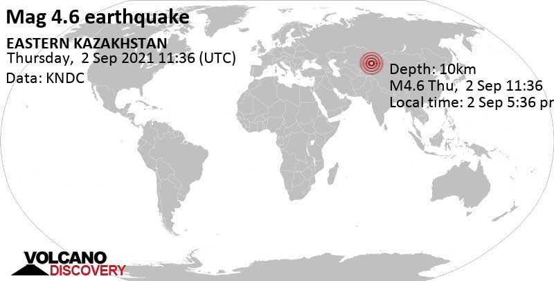 Умеренное землетрясение маг. 4.6 - 58 km к югу от Талдыкорган, Казахстан, Четверг,  2 сен 2021 17:36 (GMT +6)