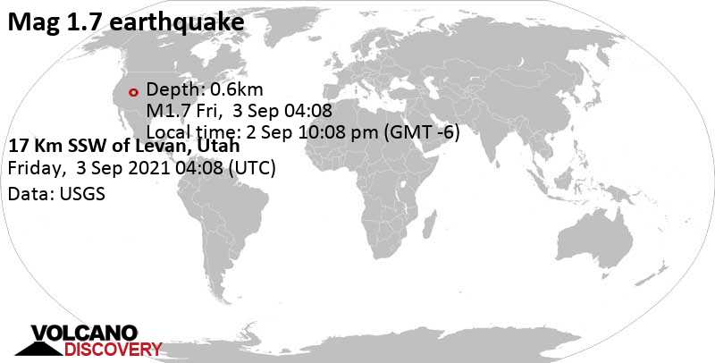 Незначительное землетрясение маг. 1.7 - 17 Km SSW of Levan, Utah, Четверг,  2 сен 2021 22:08 (GMT -6)