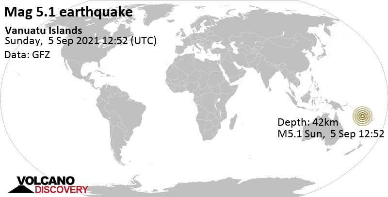Terremoto moderato mag. 5.1 - Coral Sea, 90 km a sud da Sola, Torba, Vanuatu, domenica,  5 set 2021 23:52 (GMT +11)