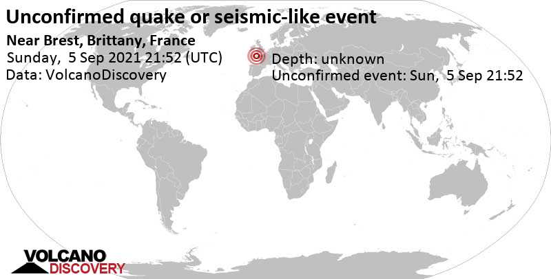 Unbestätigtes Erdbeben oder erdbebenähnliches Ereignis: 5.8 km nördlich von Brest, Finistère, Bretagne, Frankreich, am Sonntag,  5. Sep 2021 um 23:52 Lokalzeit