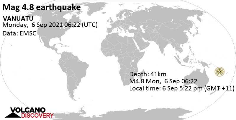Terremoto moderato mag. 4.8 - Coral Sea, 83 km a sud ovest da Santo, Luganville, Sanma Province, Vanuatu, lunedì,  6 set 2021 17:22 (GMT +11)