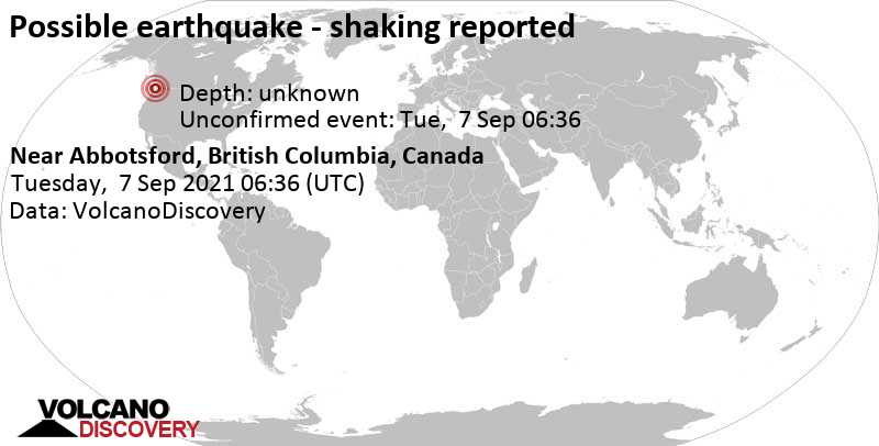 Sismo o evento similar a un terremoto reportado: 69 km al suroeste de Abbotsford, Fraser Valley, Columbia Británica, Canadá, lunes,  6 sep 2021 23:36 (GMT -7)