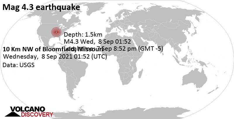 Terremoto moderato mag. 4.3 - 38 km a ovest da Sikeston, Contea di Scott County, Missouri, Stati Uniti, martedì,  7 set 2021 20:52 (GMT -5)