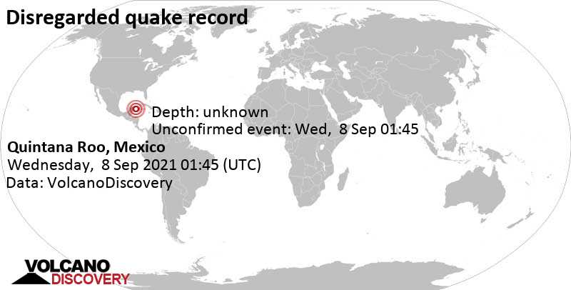 Informe sismo: Evento desconocido (originalmente reportado como sismo): Mar  Caribe, 85 km al sureste de Cozumel, Estado de Quintana Roo, México,  martes, 7 sep 2021 20:45 (GMT -5) - 2 reportes de los usuarios
