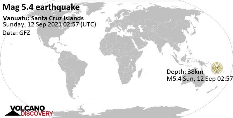 Moderate mag. 5.4 earthquake - Coral Sea, Vanuatu, on Sunday, Sep 12, 2021 at 1:57 pm (GMT +11)
