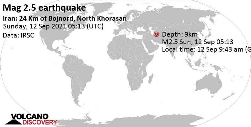Schwaches Erdbeben Stärke 2.5 - 23 km südwestlich von Bojnourd, Nord-Chorasan, Iran, am Sonntag, 12. Sep 2021 um 09:43 Lokalzeit