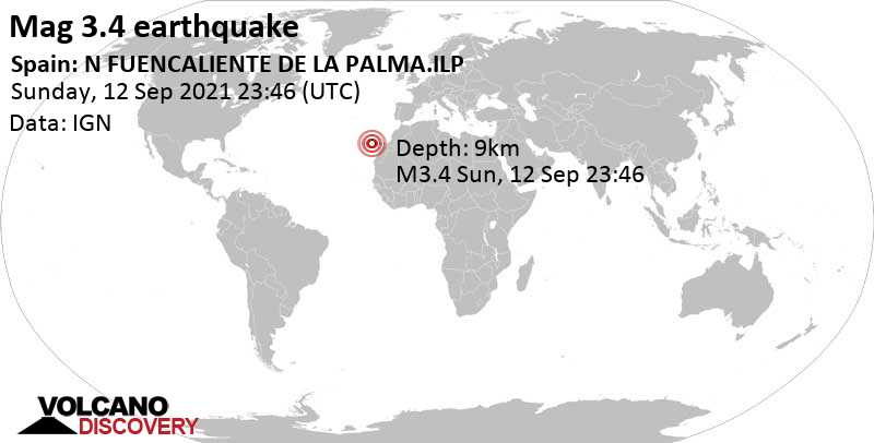Light mag. 3.4 earthquake - La Palma Island, 12 km southeast of Los Llanos de Aridane, Spain, on Monday, Sep 13, 2021 at 12:46 am (GMT +1)