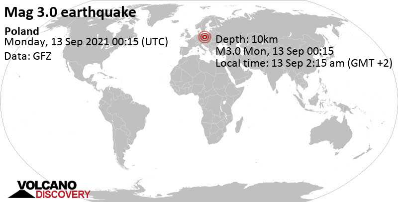 Terremoto leve mag. 3.0 - 3 km NNW of Polkowice, Lower Silesia, Poland, lunes, 13 sep 2021 02:15 (GMT +2)