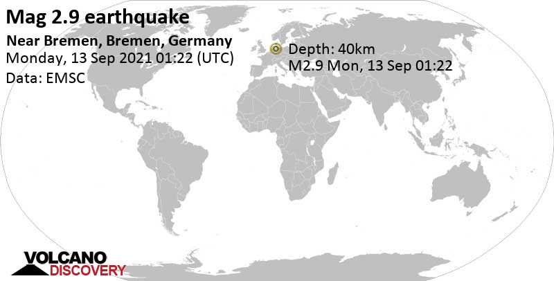 Слабое землетрясение маг. 2.9 - Near Bremen, Bremen, Germany, Понедельник, 13 сен 2021 03:22 (GMT +2)