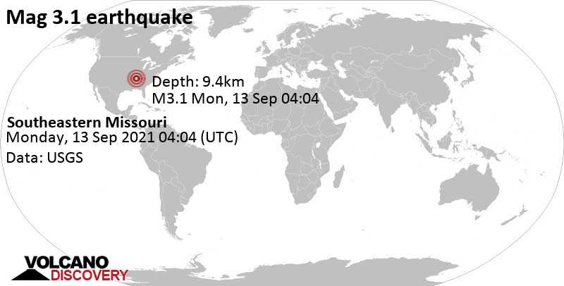 Leichtes Erdbeben der Stärke 3.1 - 23 km nördlich von Dyersburg, Dyer County, Tennessee, USA, am Sonntag, 12. Sep 2021 um 23:04 Lokalzeit