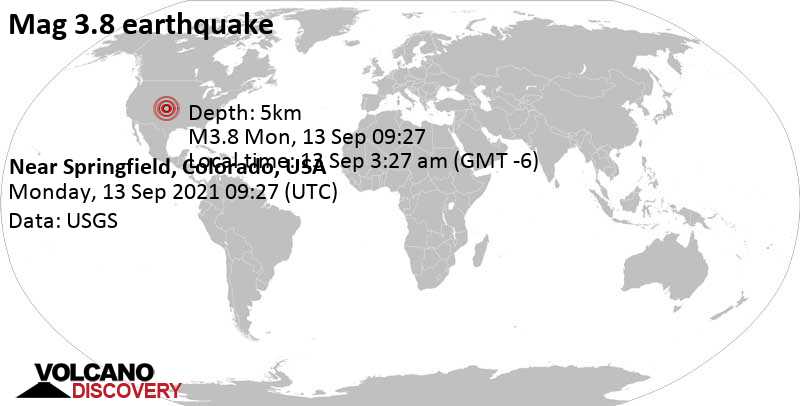 Μέτριος σεισμός μεγέθους 3.8 - 28 km δυτικά από Springfield, Baca County, Κολοράντο, Ηνωμένες Πολιτείες, Δευτέρα, 13 Σεπ 2021 03:27 (GMT -6)