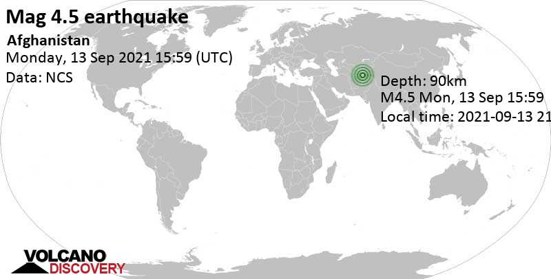 Light mag. 4.5 earthquake - 11 km southeast of Faizabad, Faīẕābād, Badakhshan, Afghanistan, on Monday, Sep 13, 2021 at 8:29 pm (GMT +4:30)