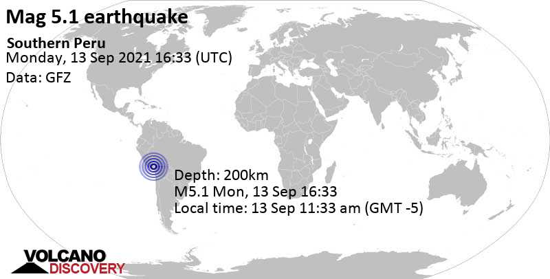 Moderates Erdbeben der Stärke 5.1 - 40 km nordwestlich von Puno, Peru, am Montag, 13. Sep 2021 um 11:33 Lokalzeit