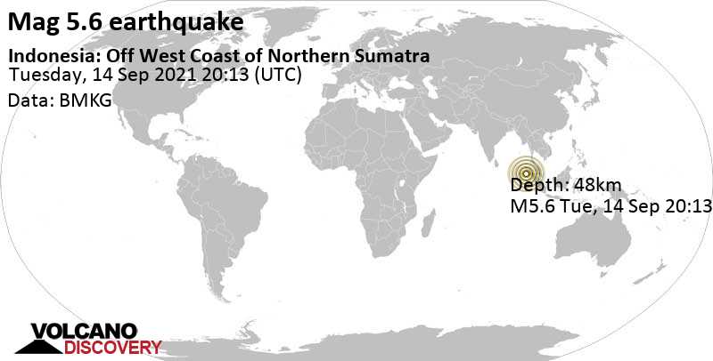 Умеренное землетрясение маг. 5.6 - Индийский Океан, 114 km к северо-западу от Sinabang, Индонезия, Среда, 15 сен 2021 03:13 (GMT +7)