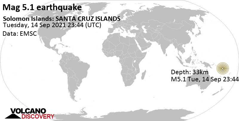 Μέτριος σεισμός μεγέθους 5.1 - Coral Sea, 41 km βορειοανατολικά από Lata, Νήσοι Σολομώντος, Τετάρτη, 15 Σεπ 2021 10:44 (GMT +11)