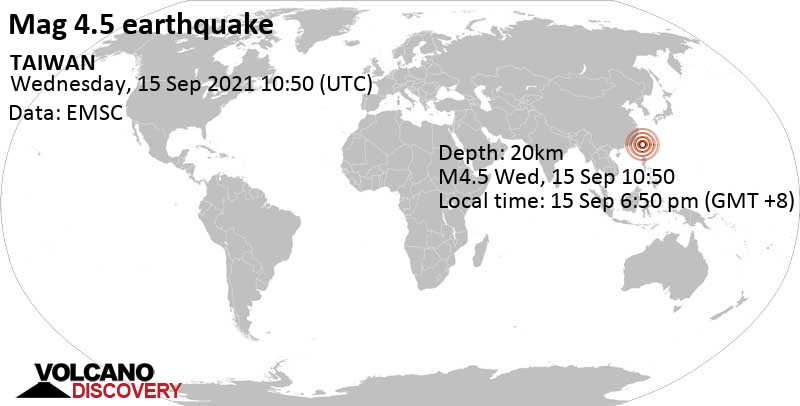 Μέτριος σεισμός μεγέθους 4.5 - 51 km βορειοανατολικά από Taitung City, Ταϊβάν, Τετάρτη, 15 Σεπ 2021 18:50 (GMT +8)