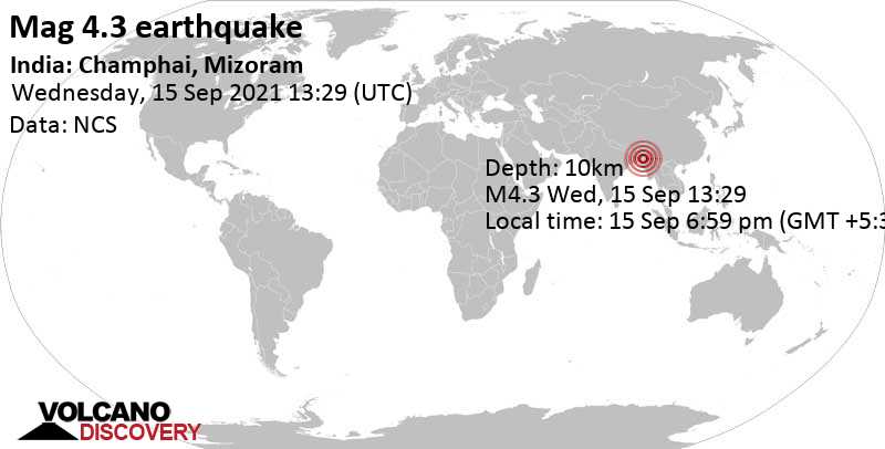 Moderates Erdbeben der Stärke 4.3 - 64 km östlich von Aizol, Aizawl district, Mizoram, Indien, am Mittwoch, 15. Sep 2021 um 18:59 Lokalzeit