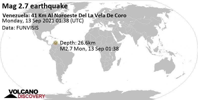 Séisme très faible mag. 2.7 - Caribbean Sea, 43 km au nord de Coro, Falcon, Venezuela, lundi, le 13 septembre 2021 01:38