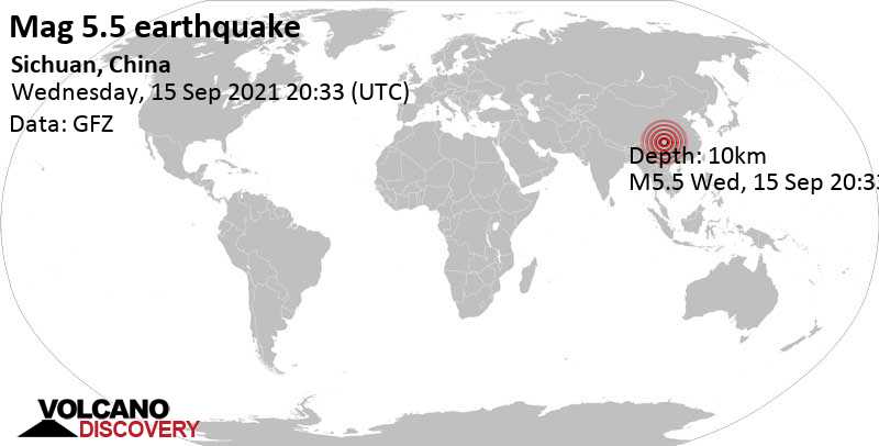 Tremblement de terre fort magnitude 5.5 - 52 km au sud-est de Neijiang, Province de Sichuan, Chine, jeudi, 16 sept. 2021 04:33 (GMT +8)