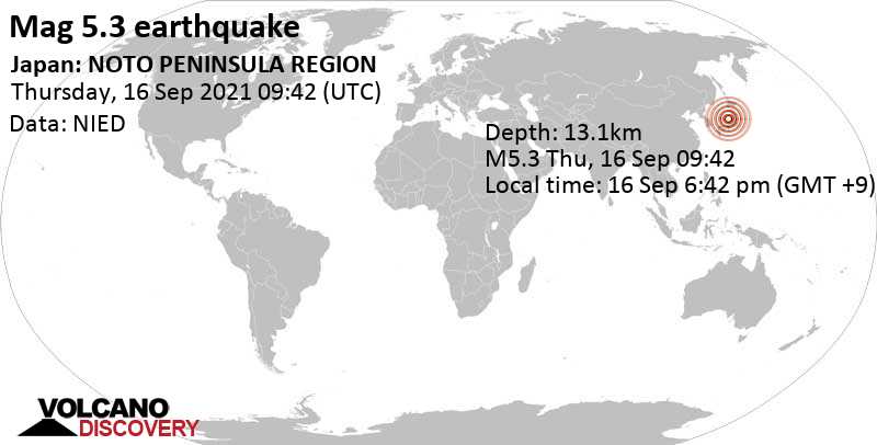 Tremblement de terre fort magnitude 5.3 - Ishikawa, 90 km au nord de Toyama, Japon, jeudi, 16 sept. 2021 18:42 (GMT +9)