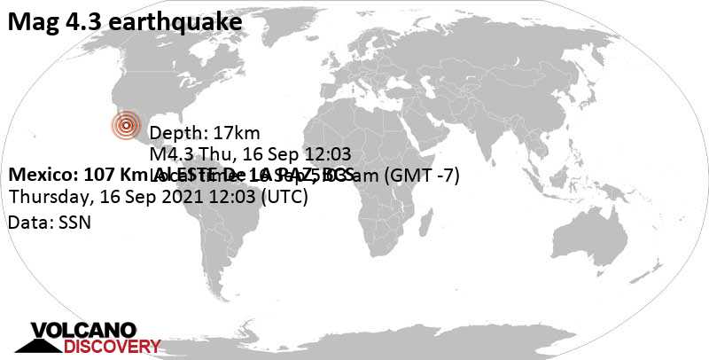 Moderates Erdbeben der Stärke 4.3 - 106 km östlich von La Paz, Baja California Sur, Mexiko, am Donnerstag, 16. Sep 2021 um 05:03 Lokalzeit