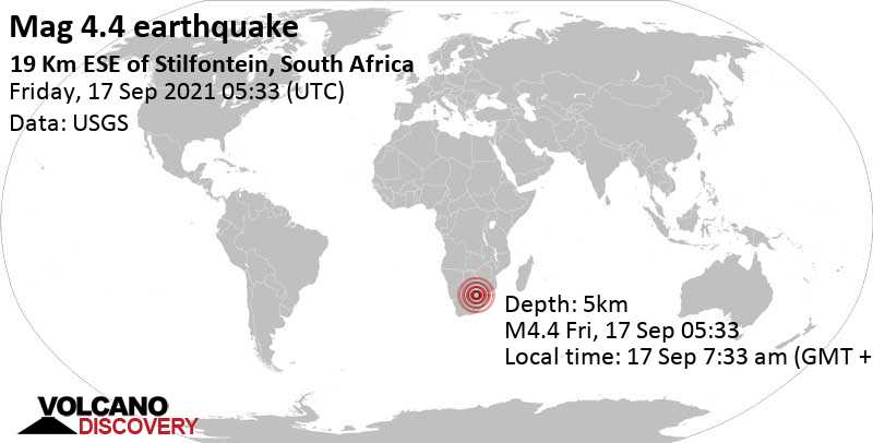 Moderate mag. 4.4 earthquake - 19 km east of Stilfontein, South Africa, on Friday, Sep 17, 2021 at 7:33 am (GMT +2)