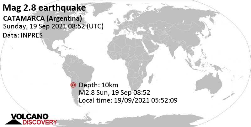 Weak mag. 2.8 earthquake - 45 km north of Fiambala, Departamento de Tinogasta, Catamarca, Argentina, on Sunday, Sep 19, 2021 at 5:52 am (GMT -3)