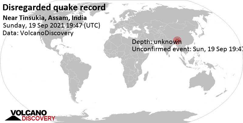 Reported seismic-like event (likely no quake): 1.4 km west of Tinsukia, Assam, India, Monday, Sep 20, 2021 at 1:17 am (GMT +5:30)