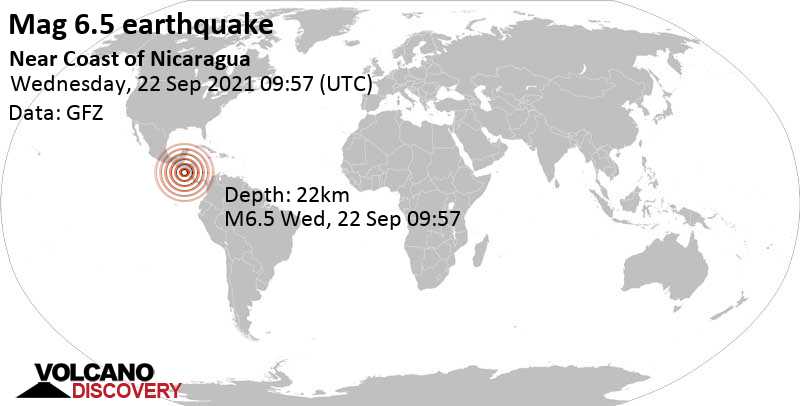 Tremblement de terre très fort magnitude 6.5 - Océan Pacifique Nord, 82 km au sud-ouest de Chinandega, Nicaragua, mercredi, 22 sept. 2021 03:57 (GMT -6)