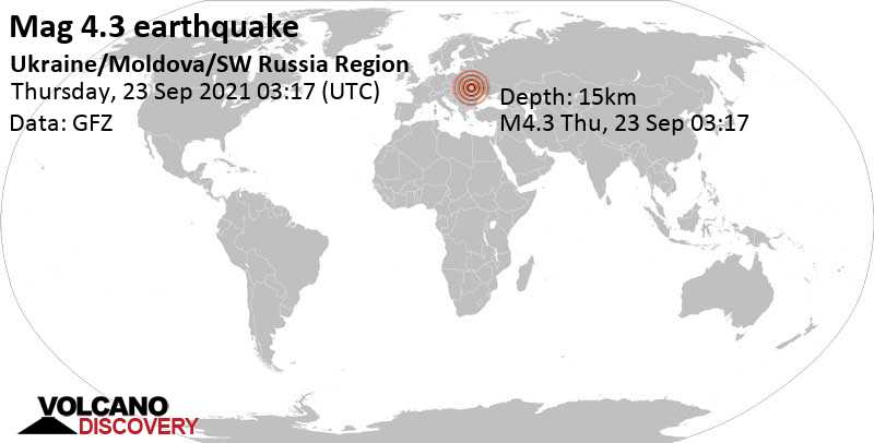 Умеренное землетрясение маг. 4.3 - 15 km к юго-востоку от Чортков, Украина, Четверг, 23 сен 2021 06:17 (GMT +3)
