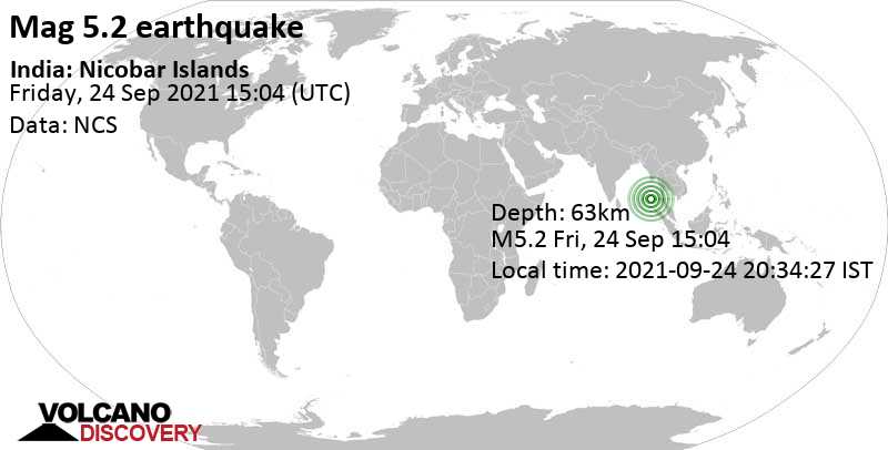 Moderate mag. 5.2 earthquake - Andaman Sea, India, on Friday, Sep 24, 2021 at 8:34 pm (GMT +5:30)