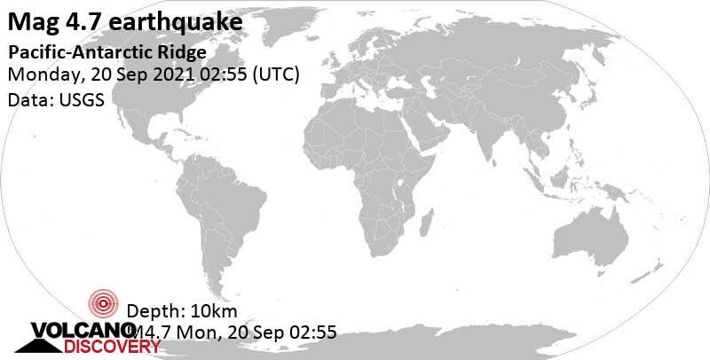 Умеренное землетрясение маг. 4.7 - South Pacific Ocean, Понедельник, 20 сентября 2021 02:55