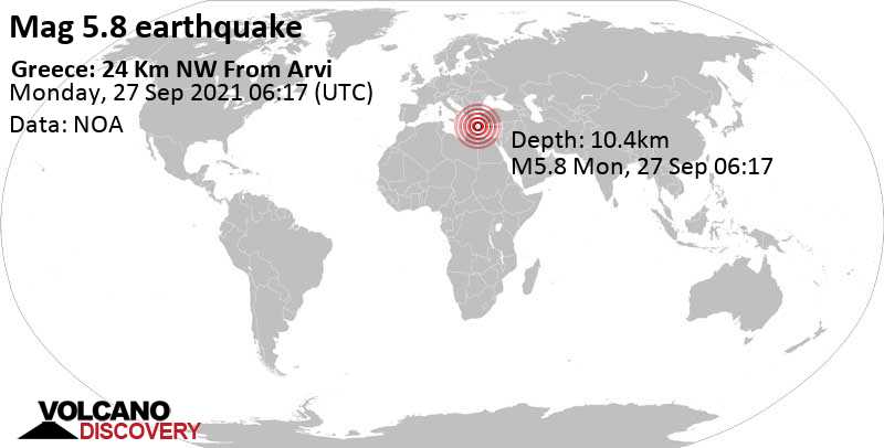 Strong mag. 5.8 Earthquake - 24 Km NW From Arvi on Monday, Sep 27, 2021, at 09:17 am (Athens time)