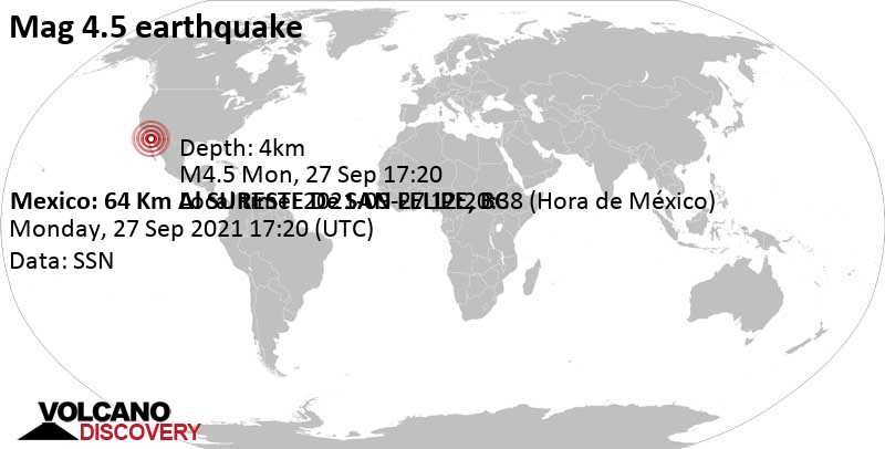 Moderates Erdbeben der Stärke 4.5 - 64 km östlich von San Felipe, Mexicali Municipality, Baja California, Mexiko, am Montag, 27. Sep 2021 um 10:20 Lokalzeit