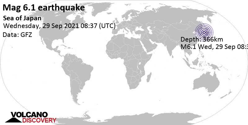 Strong mag. 6.1 earthquake - Japan Sea, 269 km northwest of Kanazawa, Ishikawa, Japan, on Wednesday, Sep 29, 2021 at 5:37 pm (GMT +9)