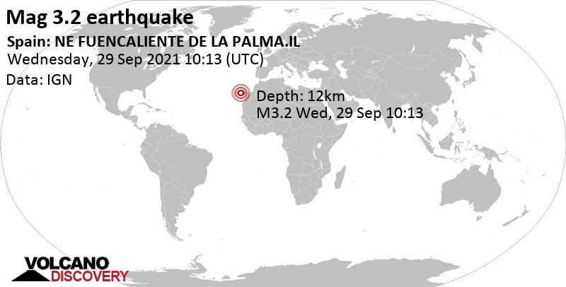 Light mag. 3.2 earthquake - La Palma Island, 14 km southeast of Los Llanos de Aridane, Spain, on Wednesday, Sep 29, 2021 at 11:13 am (GMT +1)
