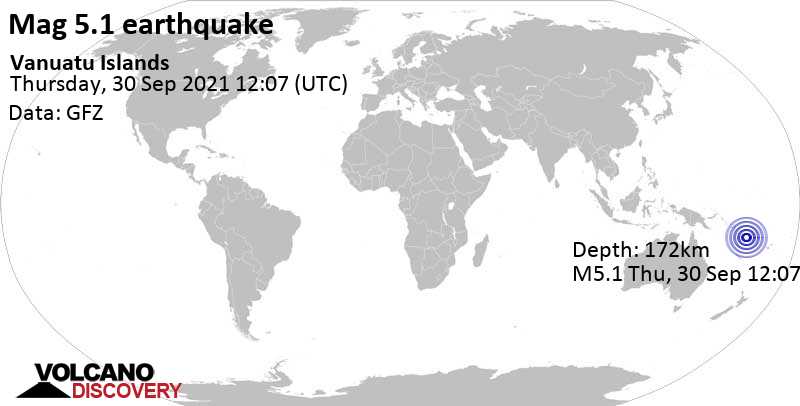 Terremoto moderato mag. 5.1 - Coral Sea, 44 km a ovest da Sola, Torba, Vanuatu, giovedì, 30 set 2021 23:07 (GMT +11)