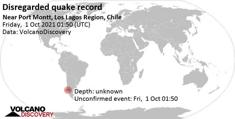 Rivisto come sismo che non ha avuto luogo: magnitudo 3.0, 16 km a nord da Puerto Montt, Llanquihue, Los Lagos, Cile, giovedì, 30 set 2021 22:50 (GMT -3)