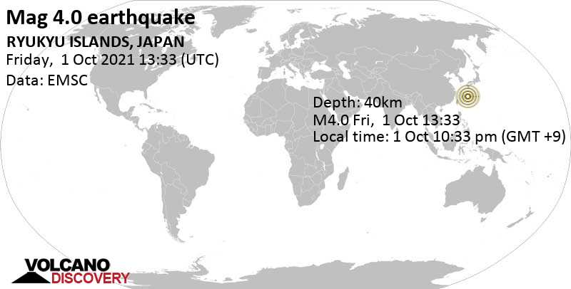 Light mag. 4.0 earthquake - Philippine Sea, 64 km east of Naga, Nago Shi, Okinawa, Japan, on Friday, Oct 1, 2021 at 10:33 pm (GMT +9)