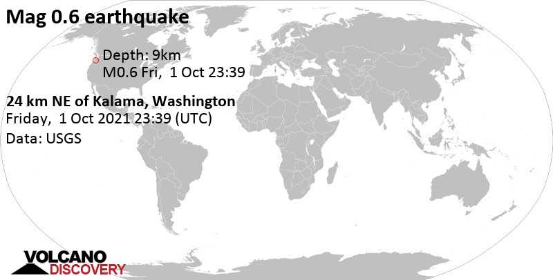 Minor mag. 0.6 earthquake - 24 Km NE of Kalama, Washington, on Friday, Oct 1, 2021 at 4:39 pm (GMT -7)