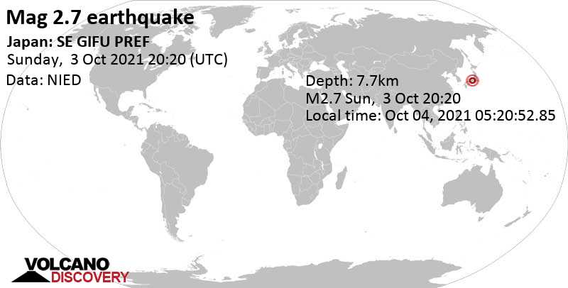 Weak mag. 2.7 earthquake - 15 km east of Gujō, Gifu, Japan, on Monday, Oct 4, 2021 at 5:20 am (GMT +9)