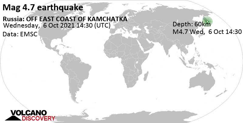 Leichtes Erdbeben der Stärke 4.7 - Nordpazifik, 76 km südöstlich von Petropawlowsk-Kamtschatski, Kamtschatka, Russland, am Donnerstag,  7. Okt 2021 um 01:30 Lokalzeit