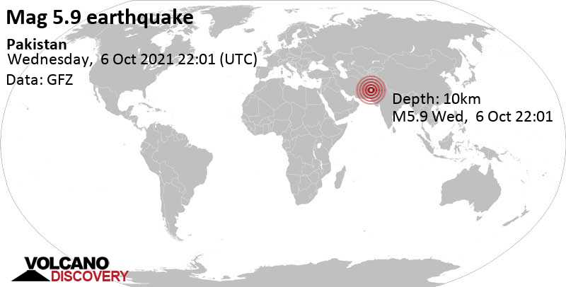 Tremblement de terre fort magnitude 5.9 - 67 km au nord de Sibi, Balochistan, Pakistan, jeudi,  7 oct. 2021 03:01 (GMT +5)