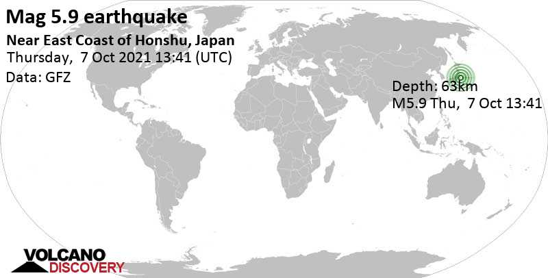 Tremblement de terre fort magnitude 5.9 - 14 km au sud de Chiba, Japon, jeudi,  7 oct. 2021 22:41 (GMT +9)