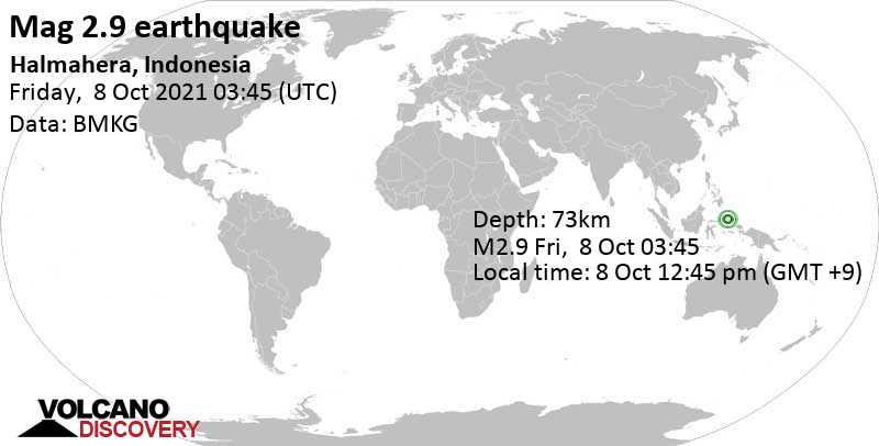 Minor mag. 2.9 earthquake - 23 km southeast of Tobelo, Kabupaten Halmahera Utara, North Maluku, Indonesia, on Friday, Oct 8, 2021 at 12:45 pm (GMT +9)