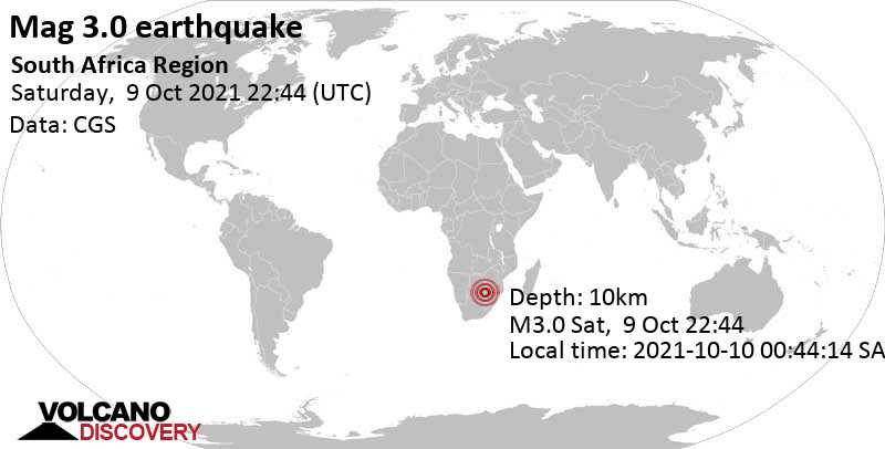 Leichtes Erdbeben der Stärke 3.0 - 2.3 km westlich von Thabazimbi, Südafrika, am Sonntag, 10. Okt 2021 um 00:44 Lokalzeit