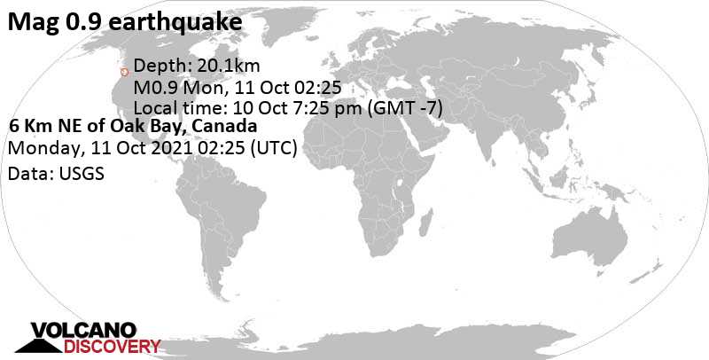 Séisme mineur mag. 0.9 - 6 Km NE of Oak Bay, Canada, dimanche, 10 oct. 2021 19:25 (GMT -7)