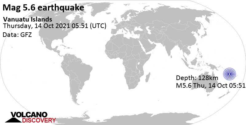 Terremoto moderato mag. 5.6 - Coral Sea, Vanuatu, giovedì, 14 ott 2021 16:51 (GMT +11)