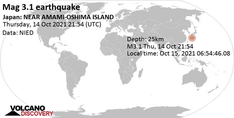 Weak mag. 3.1 earthquake - East China Sea, Japan, on Friday, Oct 15, 2021 at 6:54 am (GMT +9)